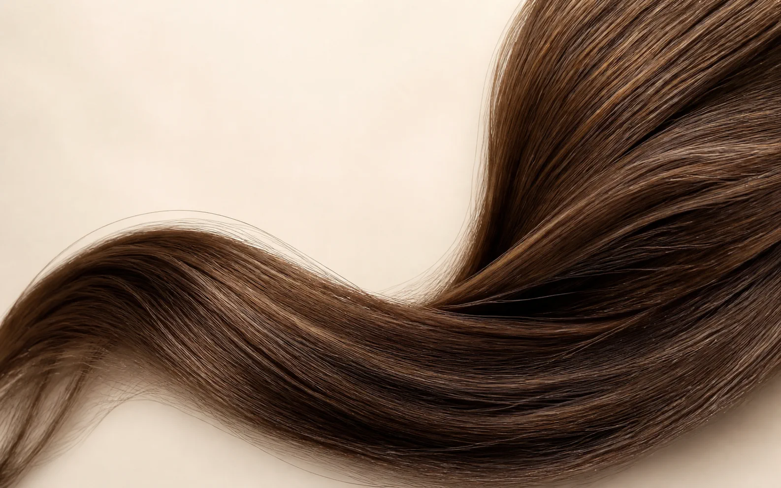 Dettaglio astratto di capelli castani in movimento su fondo avorio