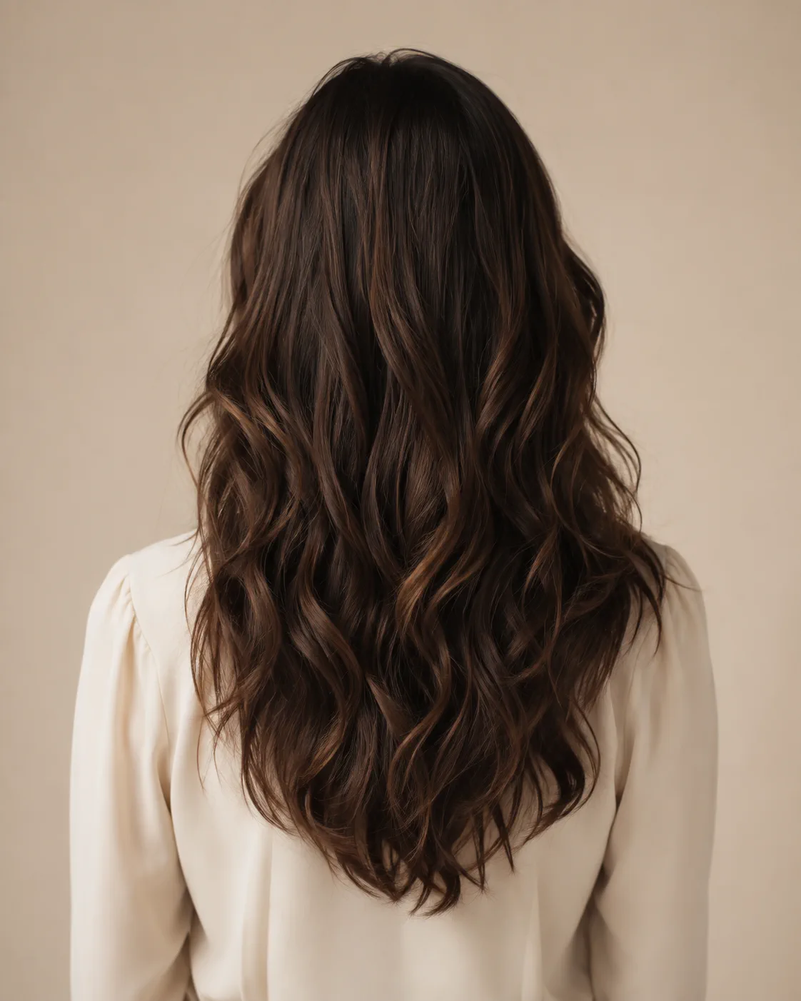 Capelli castano intenso, lunghi e mossi, visti di spalle