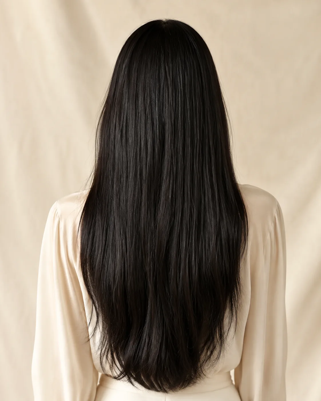 Capelli scuri e lisci, lunghi, ripresi da dietro