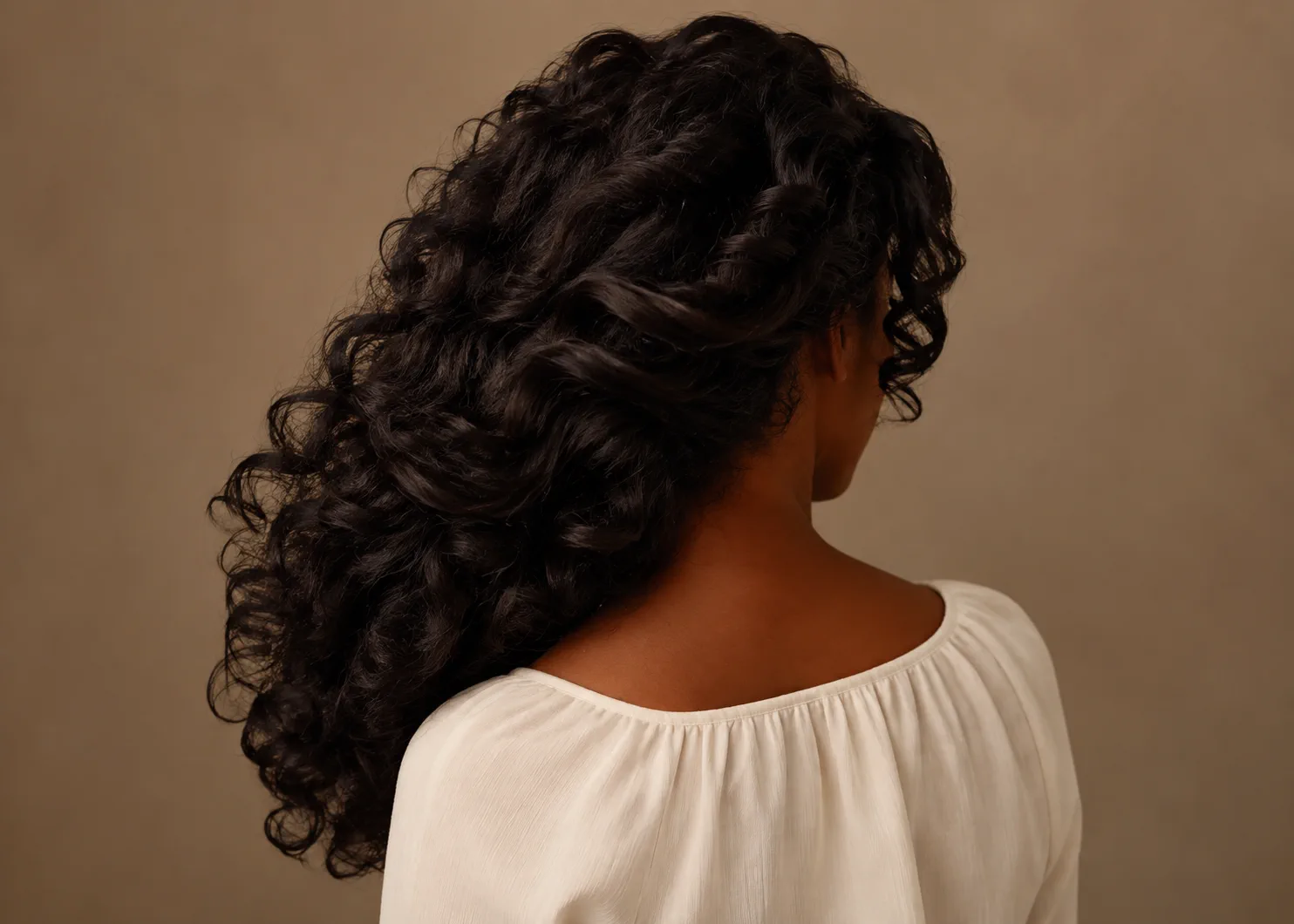 Capelli scuri voluminosi e mossi, ripresi di spalle