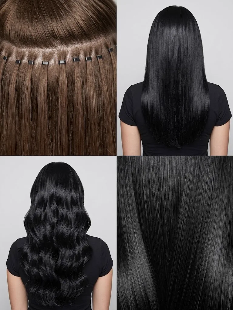 Collage della tecnica weft con tessitura e microring: punti di applicazione e capelli lunghi lisci e mossi